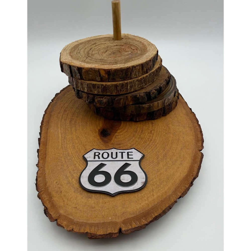 Route 66 Live Edge Wood Coaster Set with Holder Rustic Americana Decor 5 Piece